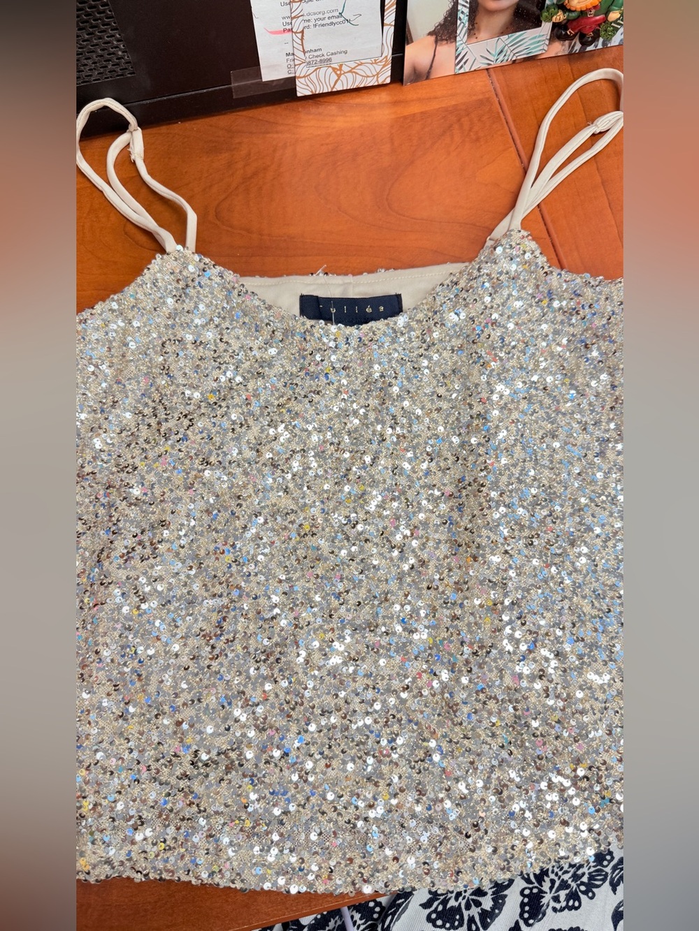 Sequin‎ Spaghetti Strap crop Tank Top in Gold sz s NWT